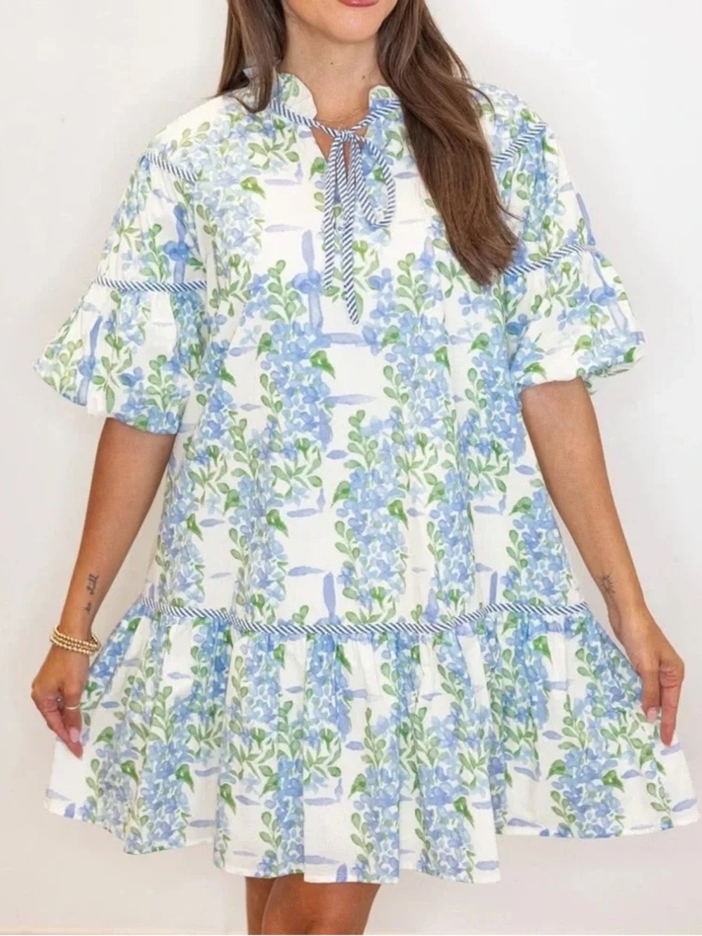Umgee Floral Puff Sleeve V-Neck Mini Dress NWT